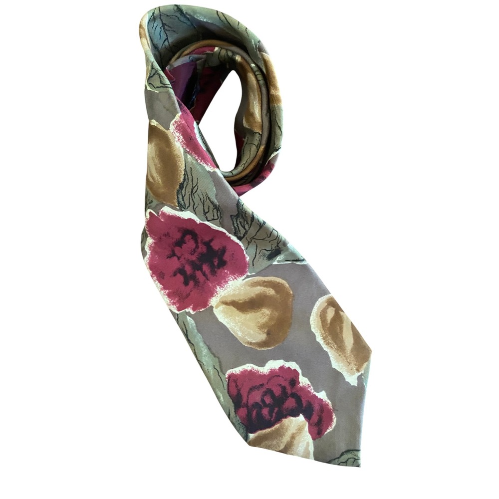 Pierre Cardin Mens Silk Necktie Floral Fruit Botanical Burgundy Tan Green VTG